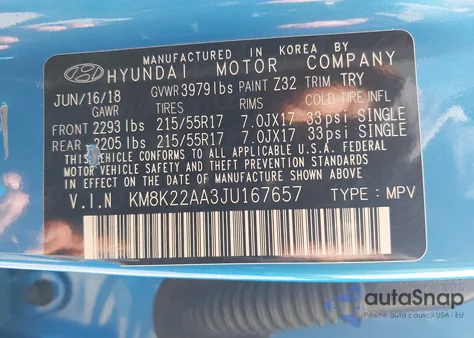 2018 Hyundai Kona Sel z USA, uszkodzony, nr VIN KM8K22AA3JU167657